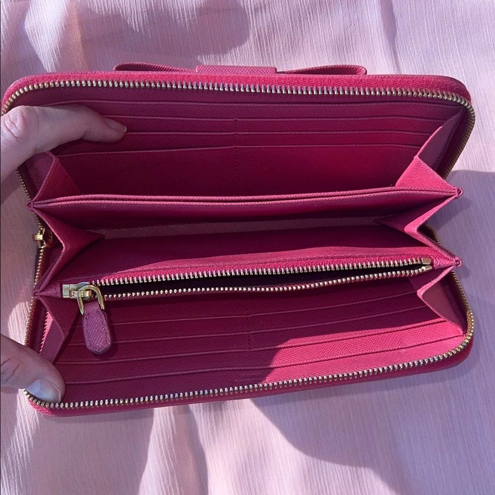 Prada Pink Fuchsia Bow Saffiano Leather  Zippy Wallet